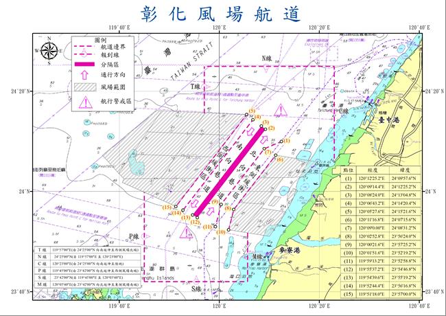 「彰化風場航道」及其航行指南已公告，請航經船舶遵守規定通行1