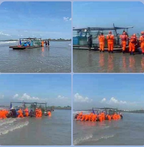 中秋前夕揪甘心，海巡眾員協助擱淺膠筏脫困