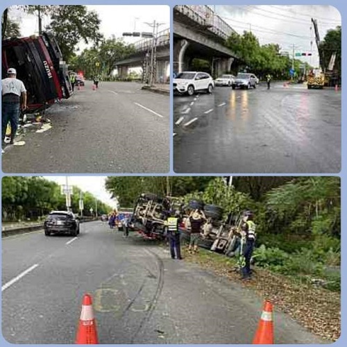 疑天雨路滑車速過快，預拌混凝土車翻覆​ ​