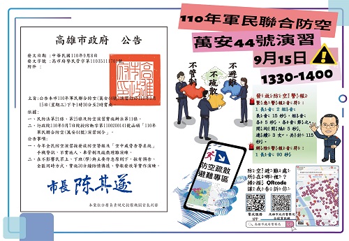 萬安44號演習全國同步於9月15日登場 配合防疫規定，不人車管制及疏散避難