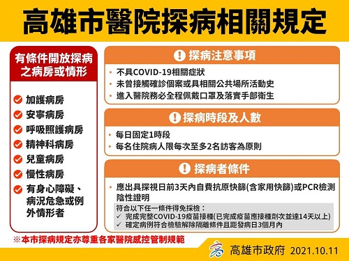 高雄市轄內醫院即日起開放部分病房單位民眾探病 相關感染管制措施務必落實 以確保院內環境安全無虞