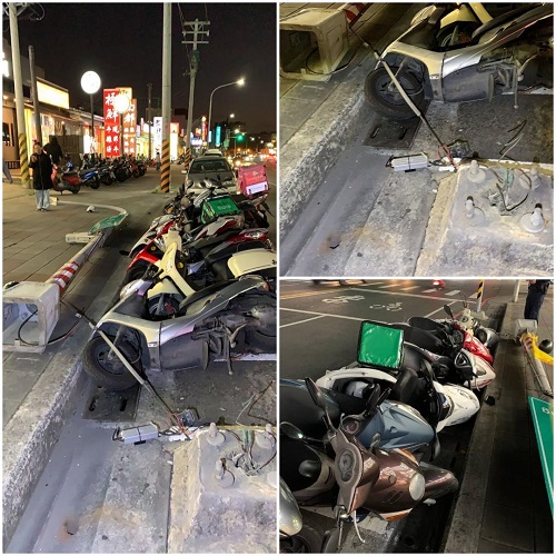 一陣怪風吹倒路燈壓倒路邊停車之8台機車 仁武警協助通報