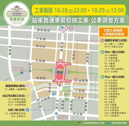 高雄車站站東路10月29日中午通車 車站南北側路口10月28日22時起封閉14小時施工1