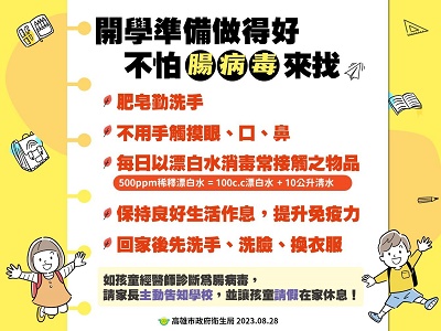 開學後腸病毒疫情升溫 落實校園腸病毒防治工作，提醒家長及教托育機構留意學童衛生與健康