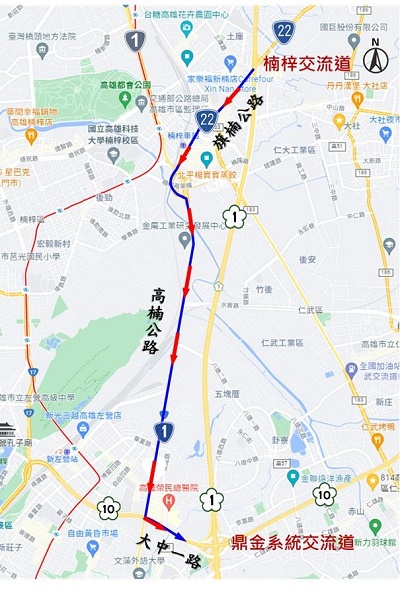 國道1號南下楠梓交流道至鼎金系統交流道路段封閉交通管制，車輛請配合改道行駛1