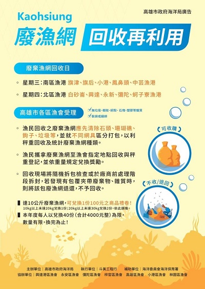 高雄市廢棄漁網回收獎勵4月10日開跑 每10公斤可兌換100元商品禮券1