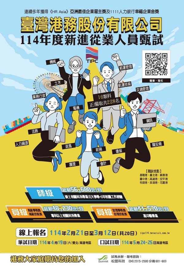 基層員工起薪突破4萬元！臺灣港務公司114年擴大招募，甄試報名至114年3月12日17時止