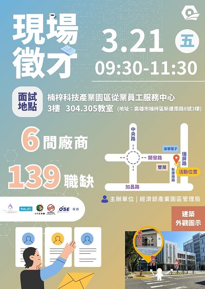 楠梓園區首季徵才21日登場 6大企業釋出逾百職缺1