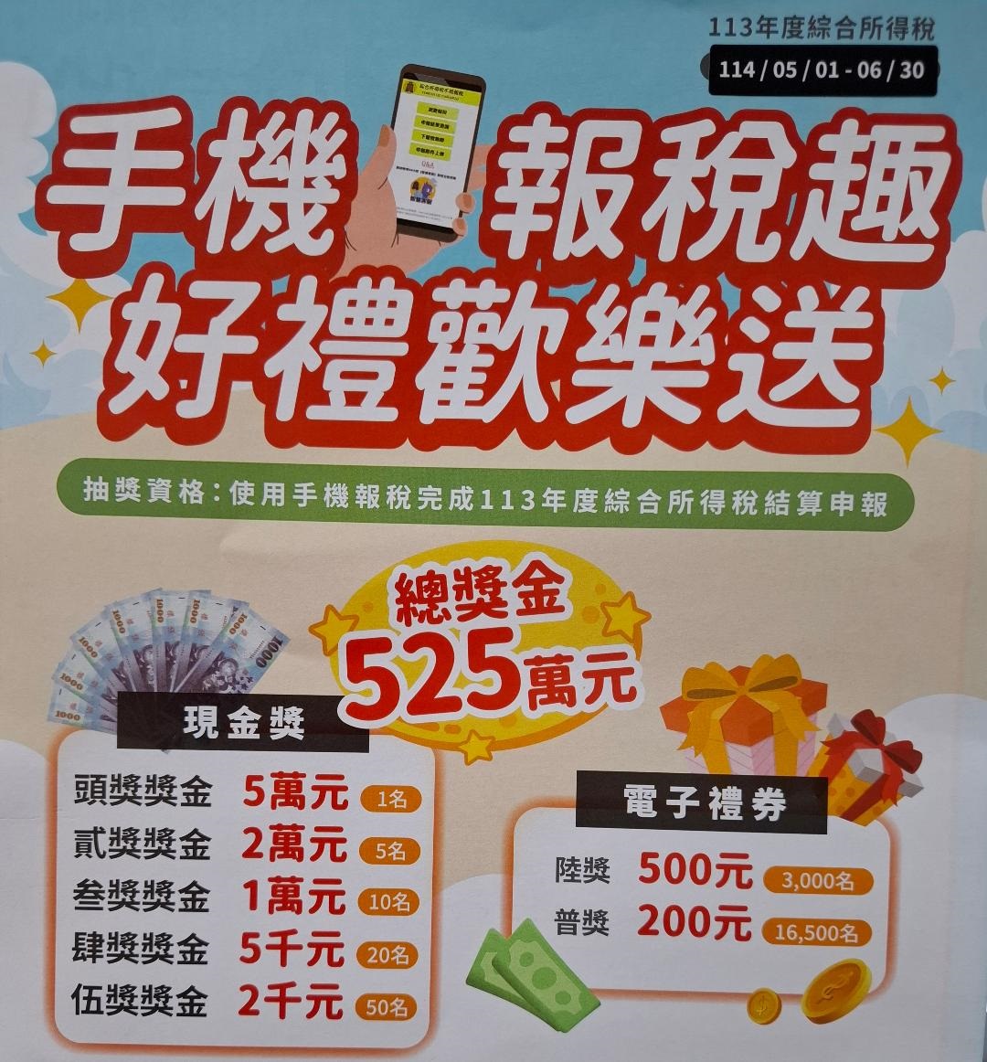 手機報稅動起來 抽獎總獎金525萬元!