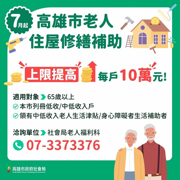 弱勢老人住屋修繕加碼補助 7月1日起最高補助10萬元1