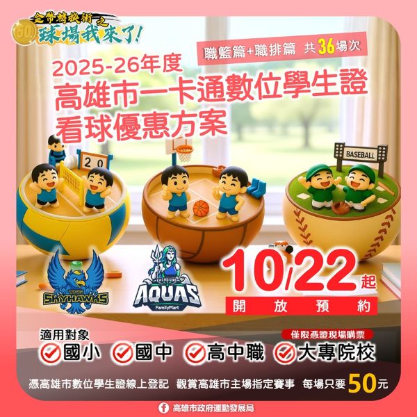 「高雄市學生50元看球」優惠方案再升級 全新賽季職籃+職排共36場都能看 大專院校學生也適用 全面開放預約