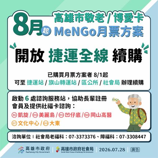 高雄市敬老、博愛卡8月1日起續購MeNGo月票 全線捷運站及旗山轉運站皆可辦理1