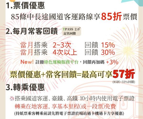 國慶連假 85條中長途國道客運路線享有85折票價優惠