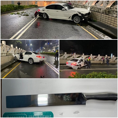失控自撞分隔島 鷹眼警處理交通事故意外查獲刀械，依社維法查辦！