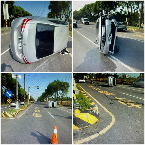 內埔鄉中正路與興中一巷路口 自小客車自撞中央分隔島翻覆 台1線北上車道車流一度受阻