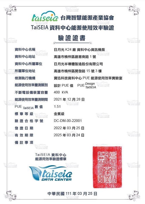 日月光高雄廠榮獲全台第一家TaiSEIA驗證金質級標章2