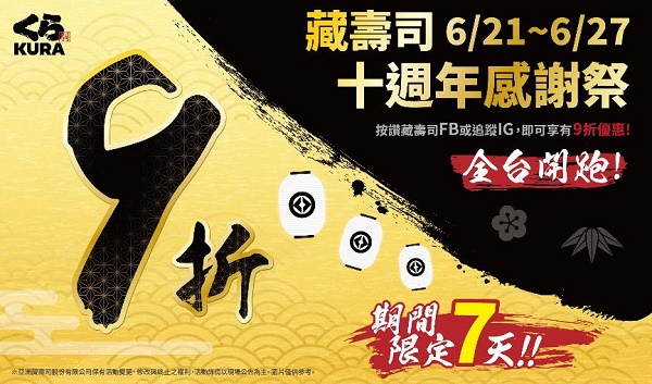 藏壽司「十週年感謝祭」回饋廣大藏友！限時七天全台店鋪不限金額全面九折！1