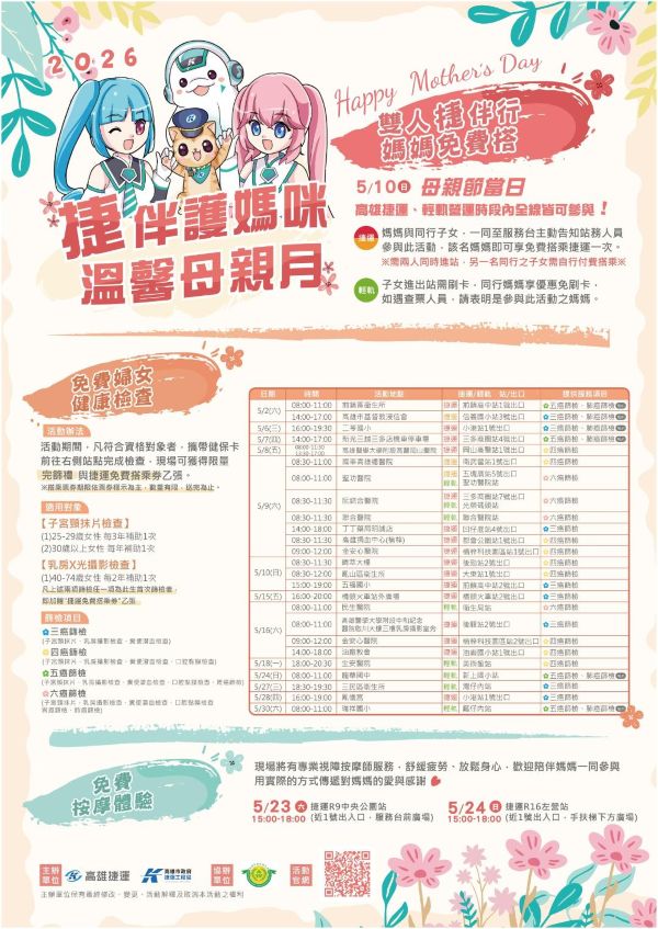 守護媽媽的每一步 高捷母親節推免費搭乘與健康關懷