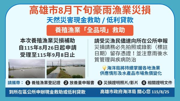 高雄成功爭取8月下旬豪雨魚塭養殖全品項災害現金救助及低利貸款