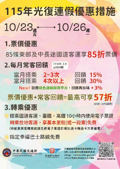 光復節連假,交通運輸又端出優惠1